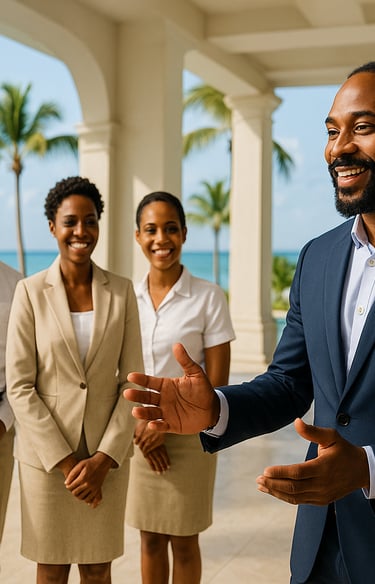 Coach en formation hôtelière haut de gamme avec équipe dans un hôtel caribéen de luxe