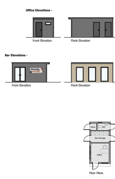 floor plans showing elevations of bar and office buildings at the padel club