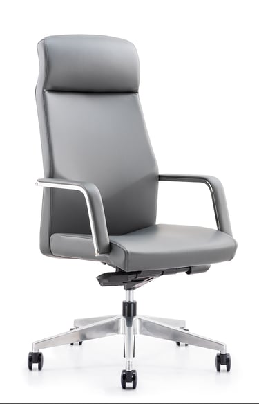High-back grey executive chair with slim armrests and five-star aluminium base