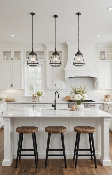 A timeless farmhouse kitchen featuring elegant white shaker-style cabinets with matte black hardware