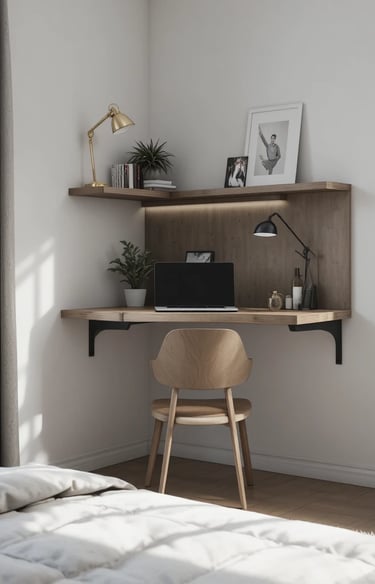 Small bedroom corner with a sleek floating desk mounted to the wall, minimal chair tucked underneath