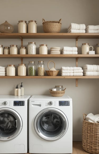 A stylish laundry room with floating wooden shelves, neatly arranged neutral storage jars
