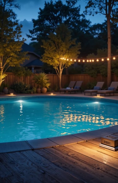 Evening backyard scene around an above ground pool with soft glowing solar deck lights installed alo