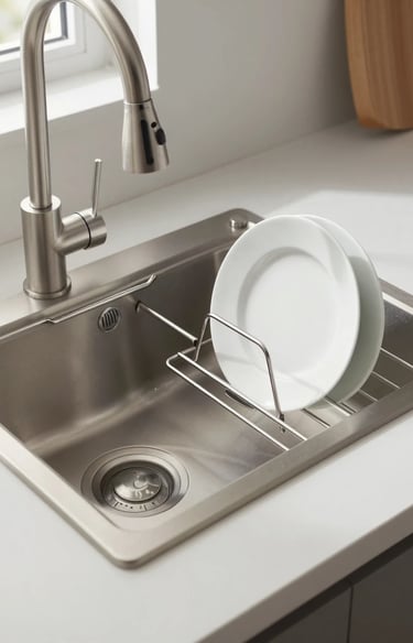 Modern small kitchen sink with roll-up drying rack in use, minimal clutter, clean dishes, neutral to