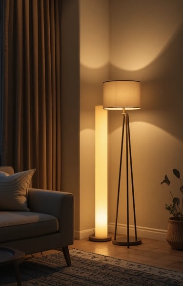 Modern floor lamp in a cozy living room corner, warm ambient glow, soft shadows, neutral decor, even