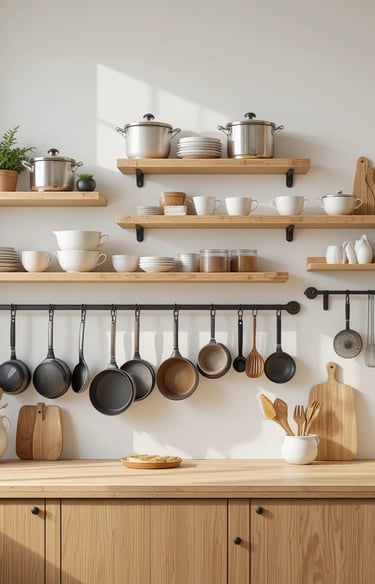 A stylish kitchen featuring vertical storage solutions such as floating wooden shelves