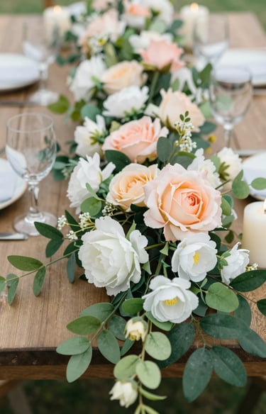 Close-up of a rustic wooden outdoor table decorated with a lush artificial flower garland used as a 