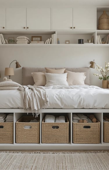 A tidy small bedroom with smart storage solutions, under-bed storage boxes