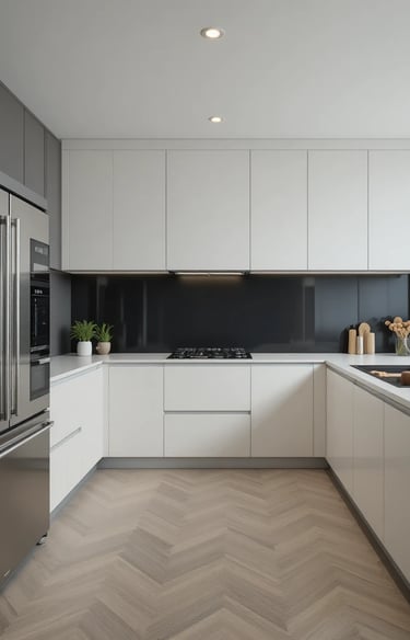 A sleek and modern kitchen with a predominantly neutral color scheme