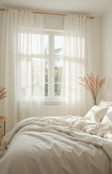 A bright small bedroom filled with natural sunlight streaming through sheer white curtains.