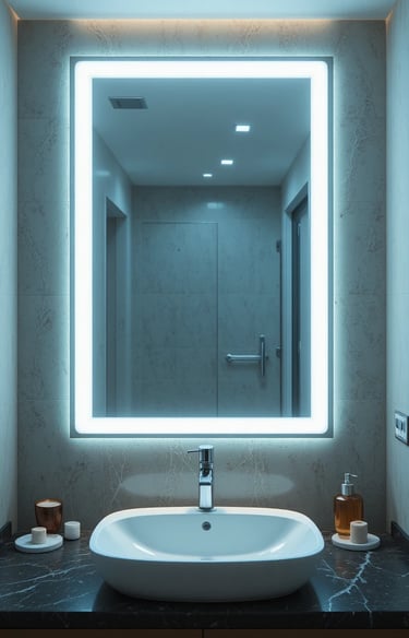 Modern tiny bathroom with illuminated LED mirror glowing softly