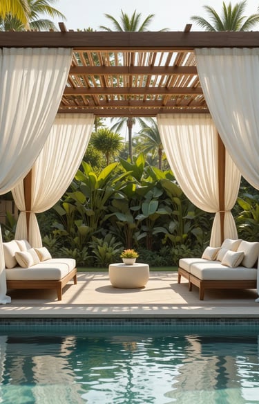 A luxurious, ultra-realistic, high-end outdoor poolside cabana
