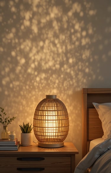 natural rattan table lamp glowing warmly on a wooden nightstand beside a bed with linen bedding