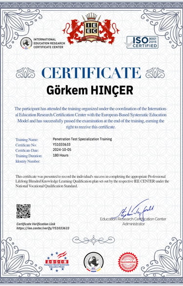 Professional certification for Penetration Test Specialization Training awarded to Görkem Hınçer by IEE Center.