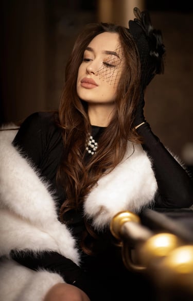 Old Hollywood style portrait photo of a women in white fury coat, gloves and pearl, with full lips
