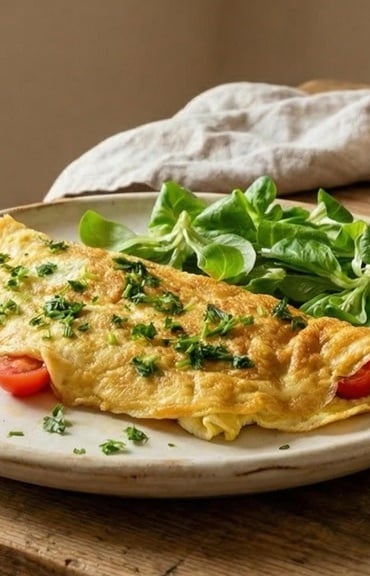 Savory omelette with aged cheese and Parma ham — simple, protein-rich Mediterranean breakfast.