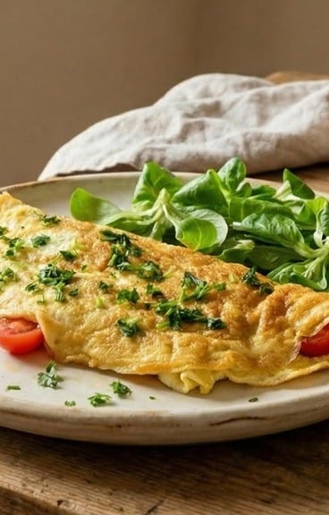 Savory omelette with aged cheese and Parma ham — simple, protein-rich Mediterranean breakfast.