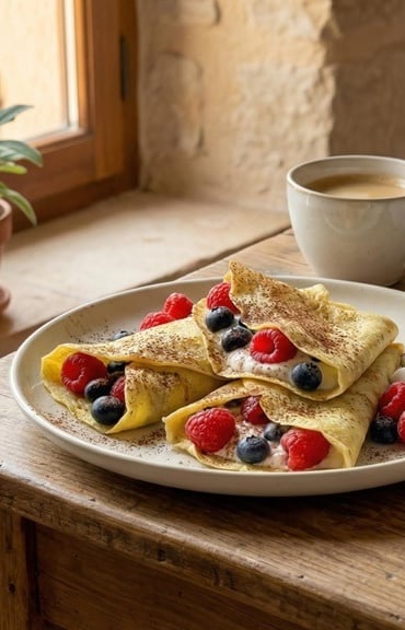 Light coconut crêpes made with coconut flour and almond milk — healthy, dairy-free breakfast.