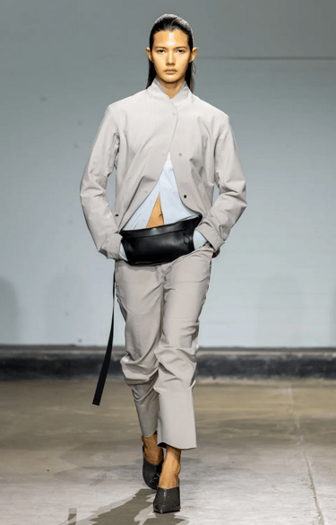 Johanna Parv grey tailored suit on the runway at London Fashion Week 2026.