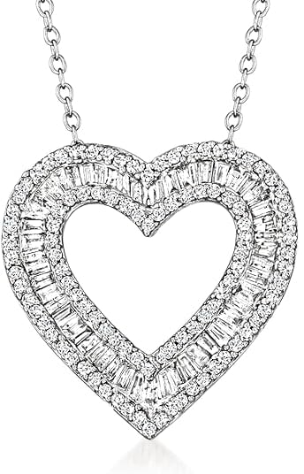 Baguette and Round Diamond Heart Pendant Necklace in Sterling Silver. Necklace for Girlfriend
