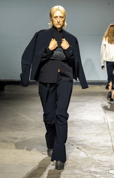 Johanna Parv black layered suit look at London Fashion Week 2026 runway.