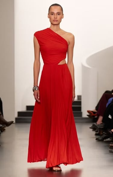 Ralph Lauren Spring/Summer 2026 red one-shoulder pleated gown on the runway.