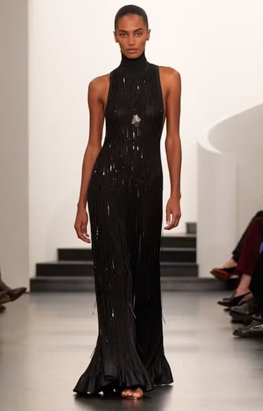 Ralph Lauren Spring/Summer 2026 black halter neck embellished gown on the runway.