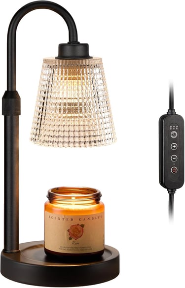 Electric candle warmer lamp with adjustable height, glass shade, and remote timer for scented jar candles.