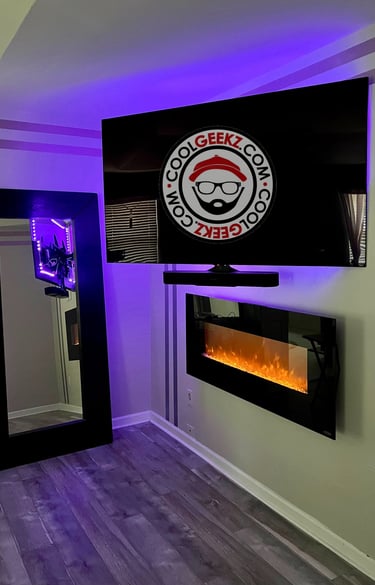 TV mounted with in wall wires on a full motion mount bracket