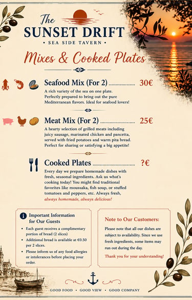 Mixes and cooked plates menu for The Sunset Drift Tavern by John’s Guesthouse, featuring seafood pla