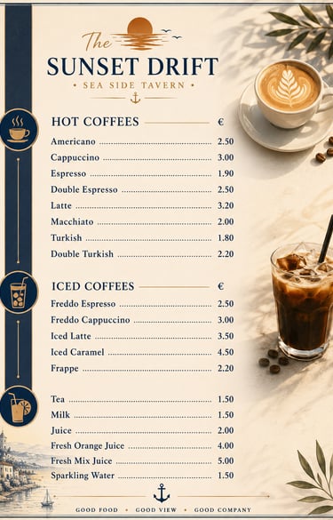 Coffee and drinks menu for The Sunset Drift Tavern by John’s Guesthouse, featuring hot coffees, iced