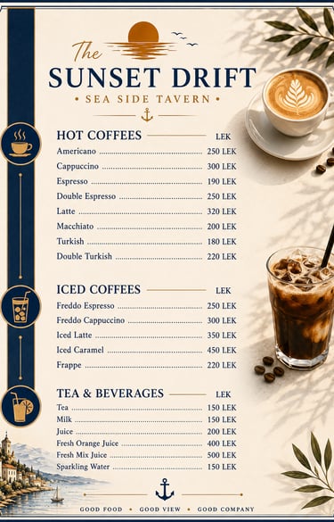 Coffee and drinks menu for The Sunset Drift Tavern by John’s Guesthouse, featuring hot coffees, iced