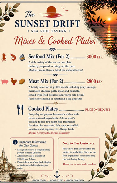 Mixes and cooked plates menu for The Sunset Drift Tavern by John’s Guesthouse, featuring seafood pla