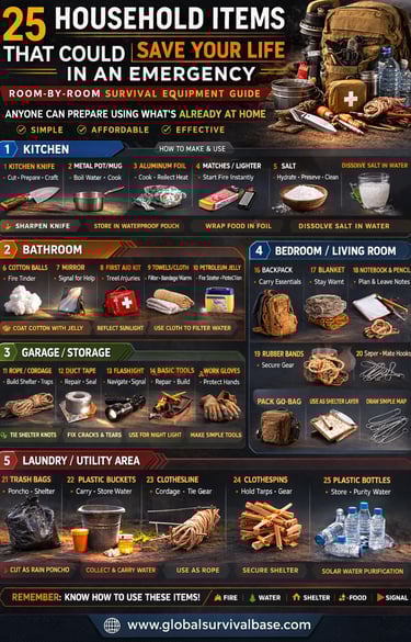 household items emergency survival kit infographic showing everyday items useful in survival