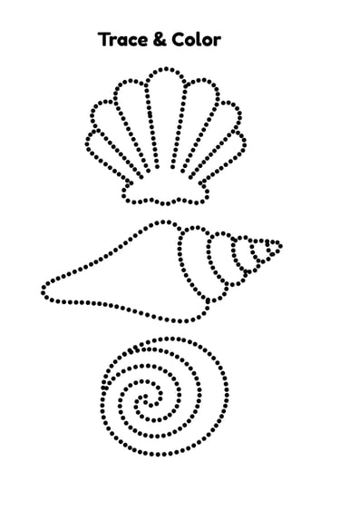 Educational trace and color worksheet featuring dotted outlines of various sea shells for kids.