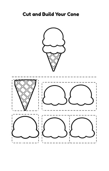 Printable cut and paste ice cream cone worksheet for kids' preschool craft activities.
