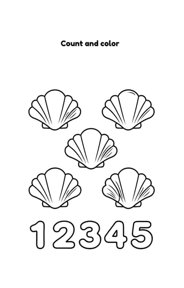 Educational count and color worksheet featuring five seashell line drawings and numbers 1 to 5 for kids.