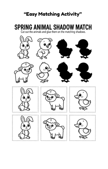 Spring animal shadow match activity worksheet for kids featuring a bunny, sheep, and chick.