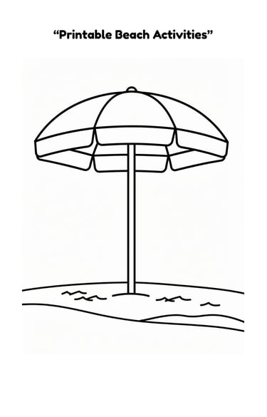 Printable beach activity coloring page featuring a simple beach umbrella line drawing in the sand.