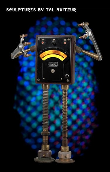 Postcard with image of robot sculpture by artist Tal Avitzur.