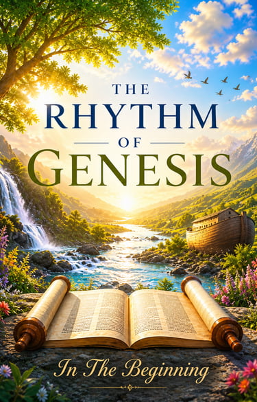 Devotional image for The Rhythm of Genesis with a sunrise valley, waterfall, scroll, and ark”