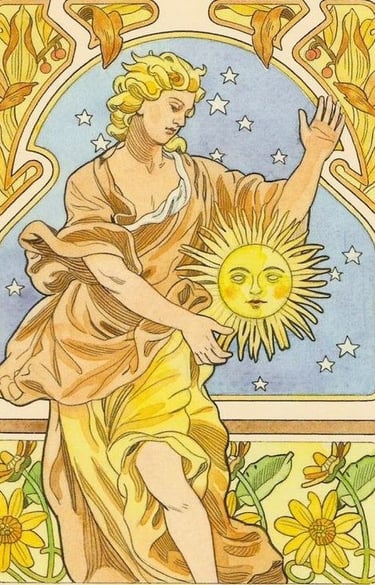 Personnage tenant un soleil rayonnant entre les mains, étoiles