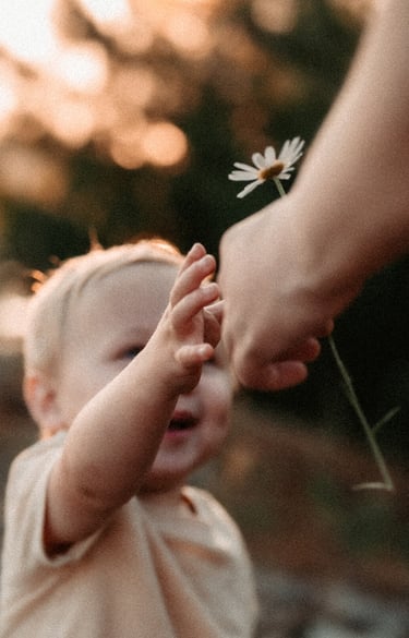 Family photo of child reaching for flower held by mom, Hibbing Minnesota