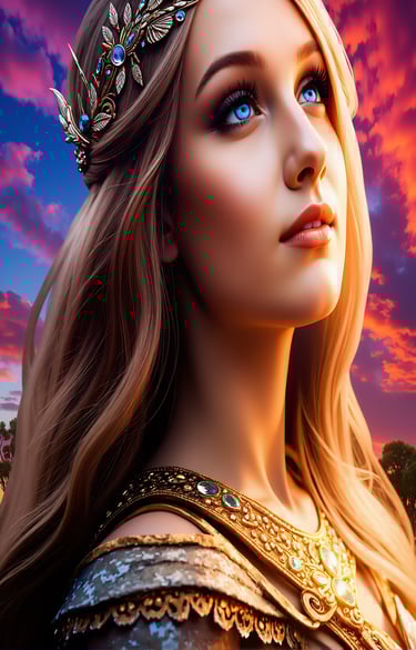 a woman with blue eyes and a crown on her head
