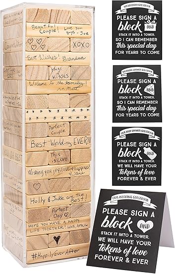 a tower game of wooden blocks with a sign that says please please