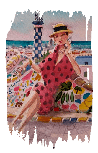 painting of a woman in a red dress and phone