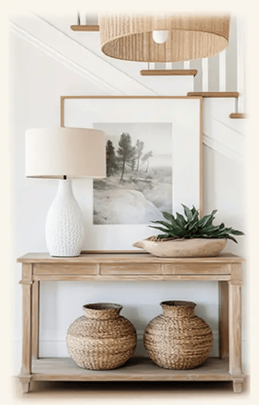 entrée intemporelle, console bois clair, pot en rotin dessous, plante verte, lampe blanche et tableau  dessus, suspension en 