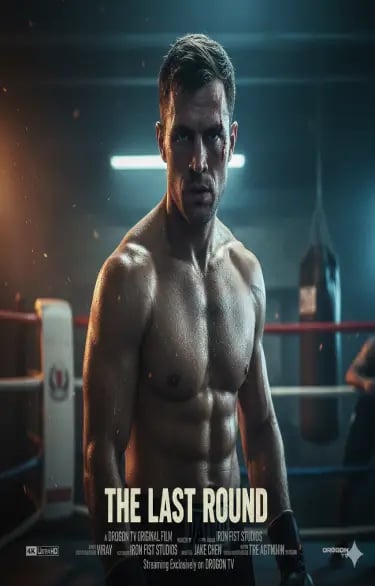 Cinematic poster for The Last Round movie featuring a muscular boxer in a boxing ring.