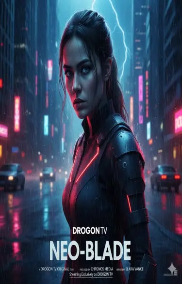 A cyberpunk woman in tactical armor stands on a rainy futuristic city street under lightning.