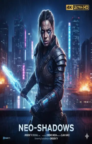 Cyberpunk warrior woman holding a glowing blue energy staff in a neon city for the Neo-Shadows movie poster.
